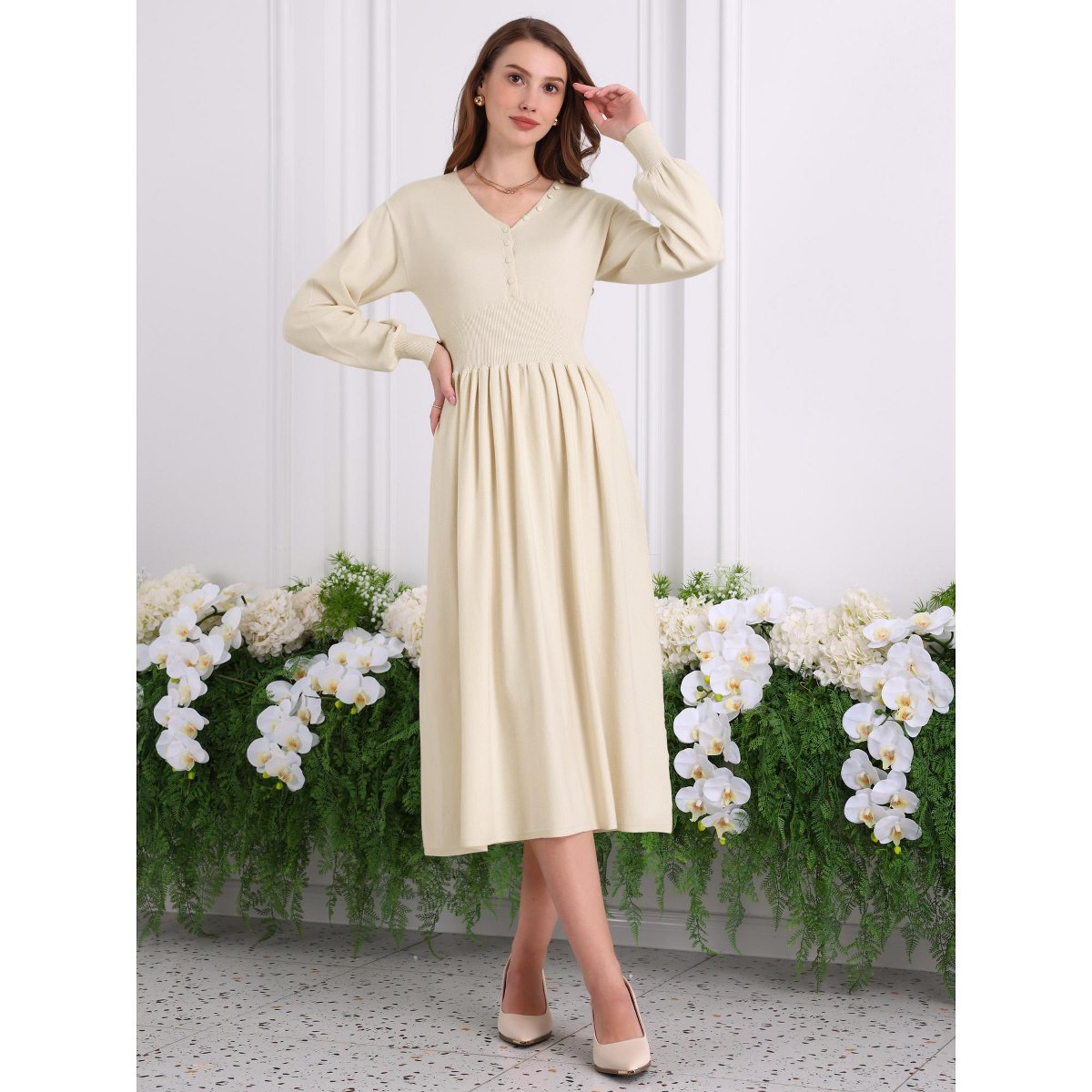 Женские платья INSPIRE CHIC Women's A-Line V Neck Long Sleeve Ribbed Knit Sweater Dress Beige Large — фото 3