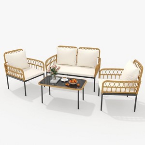 4-Piece Patio Furniture Set, Rattan Outdoor Patio Table and Chair Set with Glass Side Table and Loveseat, Suitable for Apartments, Backyards, Beige - 1 of 4