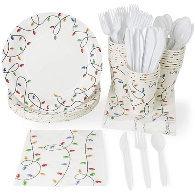 Serves 24 Merry Christmas Xmas Holiday Festive Party Supplies, 144PCS Plates Napkins Cups, Favors Decorations Disposable Paper Tableware Dinnerware