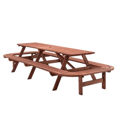 JUJABU 8FT Outdoor Wooden Picnic Table with Benches and Umbrella Hole for 14-16 People, Brown