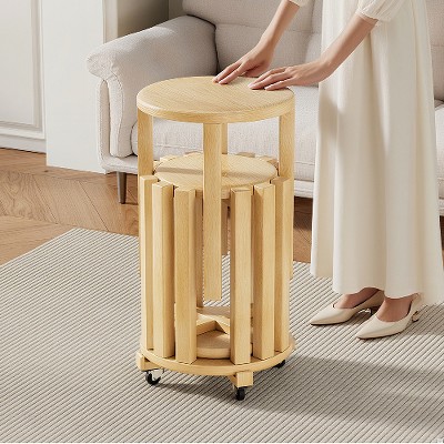 Lyngins 4-Piece Stackable Solid Wood Stool Set/Round Side Table, Bedroom Nightstand, Small End Table, Dining Stools (2 with Locking Wheels), Natural