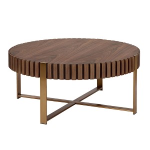 Vynxaria Modern Handcraft Drum Coffee Table 31.5 inch Round Coffee Table for Living Room,Small Coffee Table with Sturdy Pedestal,Walnut - 1 of 4