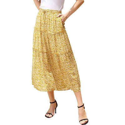 Womens Boho Pleated Midi Skirt Ruffle Tiered Tie Waist Flowy Long Skirts with Pockets