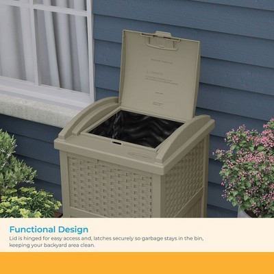 Dark Taupe Wicker-Style Plastic Outdoor Trash Can with Lid