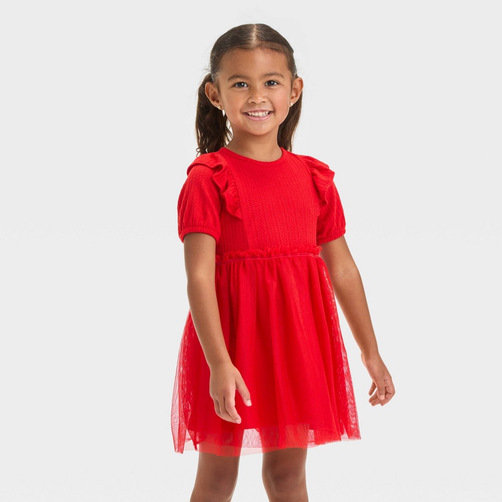 Toddler Girls' Short Sleeve Knit Tulle Dress - Cat & Jack™ Red 