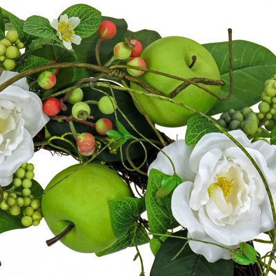 24" Green and White Artificial Rose and Apple Spring Wreath