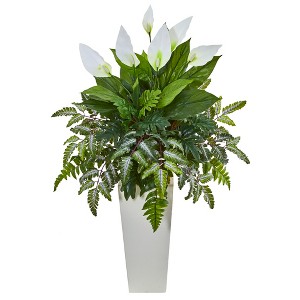 Nearly Natural Mixed Spathiphyllum Artificial Plant in White Tower Vase - 1 of 1
