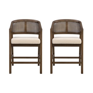 Christopher Knight Home Set of 2 Austin Rubberwood Upholstered with Cane Design Curved Back Counter Height Barstools Walnut/Beige - 1 of 4