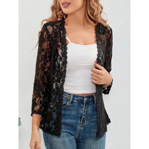Coolmee Womens Cardigan Open Front 3/4 Long Sleeve Lightweight Lace Cardigans Casual Loose Fashion Tops Outifits 2XL Black - 1 of 2