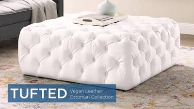 White Tufted Vegan Leather Large Square Ottoman