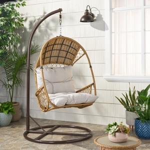 GDFStudio Emmie Outdoor Wicker Hanging Chair with Iron Stand and Water Resistant Cushion - 1 of 4