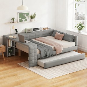 Luxystar Full Size Upholstered Platform Bed with Trundle, Storage Shelves, Side Desk and Charging Station - 1 of 4