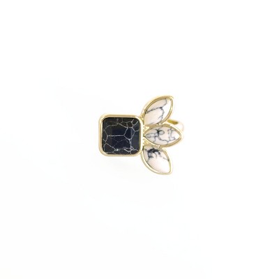 Sanctuary Project by sanctuaire Semi Precious Black and White Howlite Three Stone Ring Gold