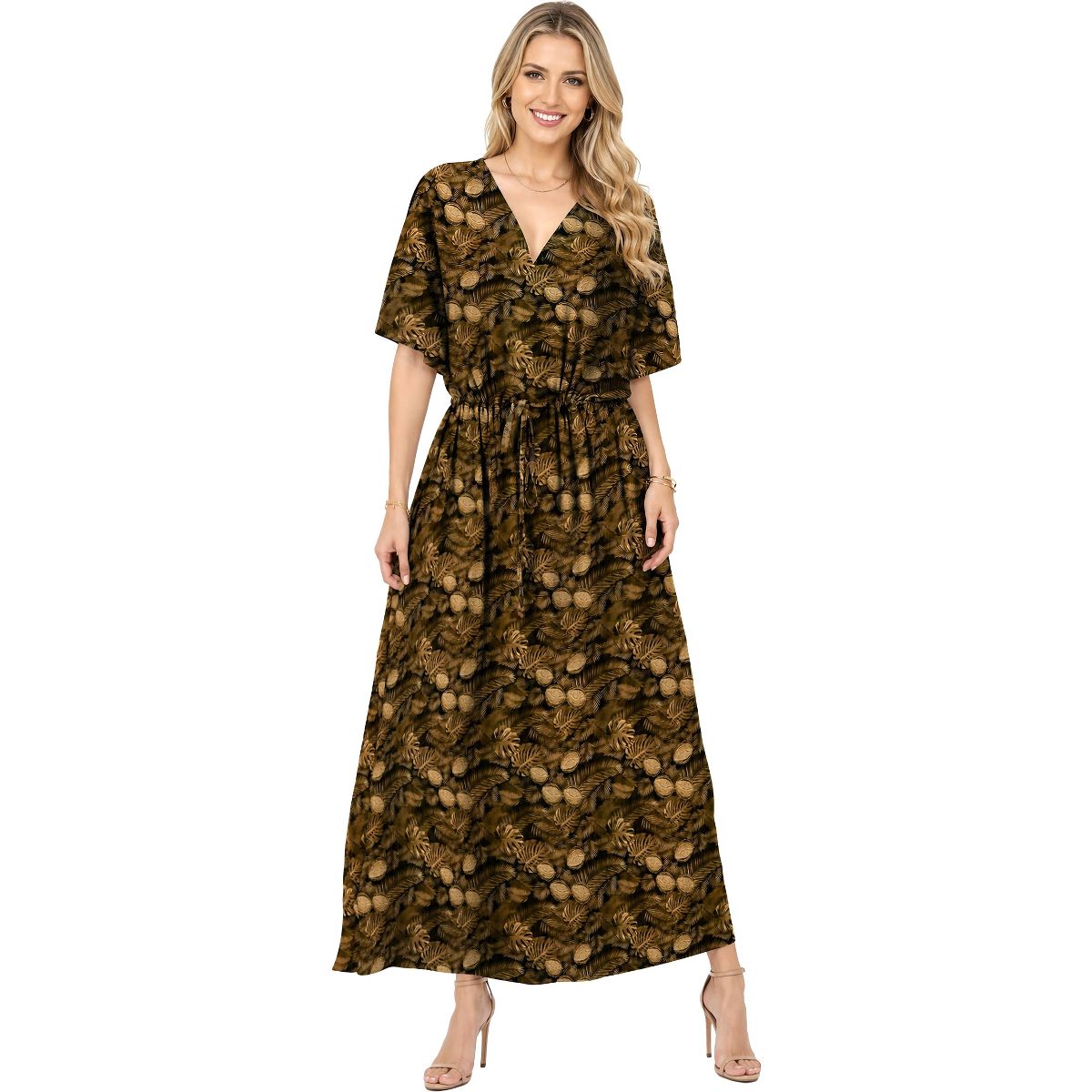 LA LEELA Women's Summer Vacation Swimwear Cover Up Beach Bikini Kaftan Regular Fit Beachwear Dress Bathing Suit Caftan One Size Brown Leaf