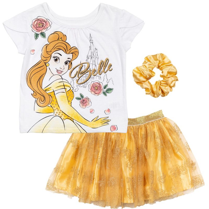 Disney Moana Princess Frozen Rapunzel Jasmine Belle Girls T-Shirt Tulle Skirt and Scrunchie 3 Piece Outfit Set Little Kid to Big Kid, 1 of 8