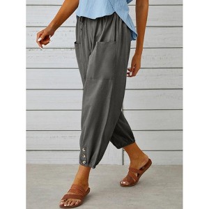 Pants High Waist Drawstring Cinch Bottom with Button Cotton Loose Casual Trouser with Pockets - 1 of 4