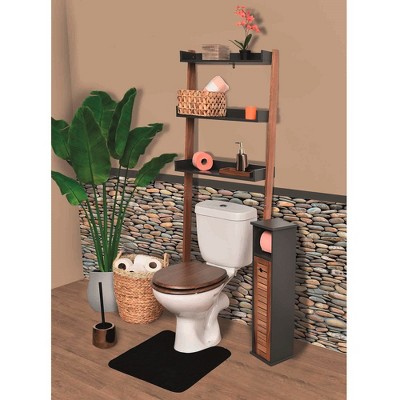 Gray Wood Over-the-Toilet Ladder Shelf with Storage Trays