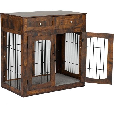 Wooden Dog Crate End Table with 3 Doors, 2 Drawers & Cushion | Furniture-Style Kennel for Small Large Breeds