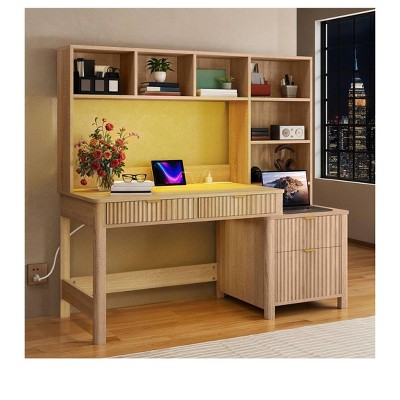 55in Computer Desk with Hutch & Drawers ,Home Office Desk With 4 Storage Drawers And Power Outlets