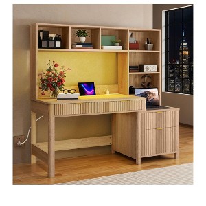 55in Computer Desk with Hutch & Drawers ,Home Office Desk With 4 Storage Drawers And Power Outlets - 1 of 4