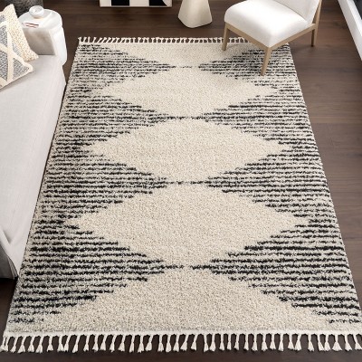 Off-White Synthetic Square Shag Rug with Braided Tassels