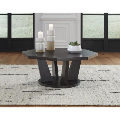 Dark Brown Octagonal Wood Coffee Table with Trapezoid Legs