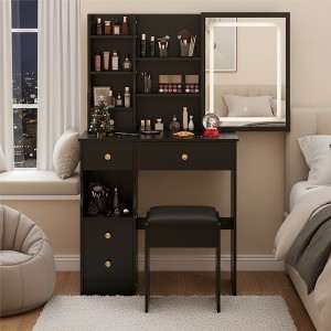 FONTOI 29.2"W/37"W/41"W Makeup Vanity Table Desk with Mirror Left Bedside Cabinet Stool Dresser Set for Woman Bedroom Dressing Room, Black/White - 1 of 4