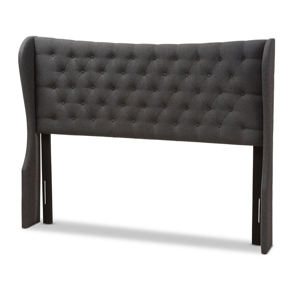 Cadence Modern and Contemporary Fabric Button Tufted Winged Headboard Full Dark Gray Baxton Studio For Sale