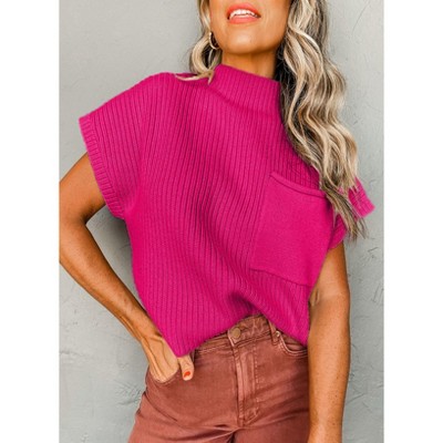 I AM A FASHION JUNKY Pink Patch Pocket Ribbed Knit Short Sleeve Sweater