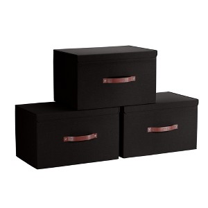 Ornavo Home 3 Pack Foldable Linen Large Storage Bin with Faux Leather Handles and Lid - 1 of 4