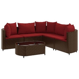 vidaXL Patio Sofa Set with Cushions Lounge Setting Outdoor Furniture Poly Rattan - Brown and Red 5-Piece - 1 of 4