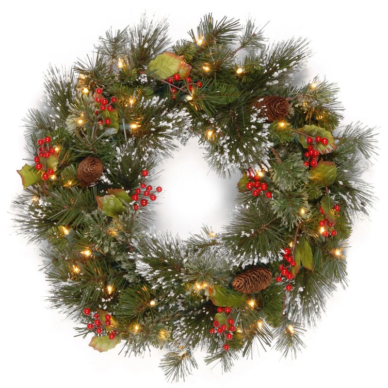 24" Prelit Wintry Pine Christmas Wreath with Cones and Berries White Lights - National Tree Company, 1 of 6