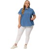 Agnes Orinda Women's Plus Size Denim Roll Sleeve Stand Collar Chambray Button Down Shirts - 3 of 4