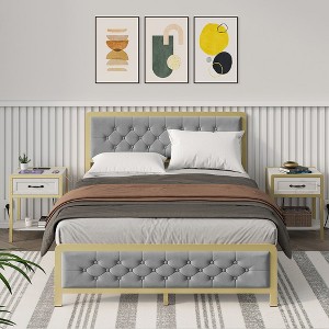 Whizmax Full Size Bed Frame-Upholstered Bed Frame with Button Tufted Headboard,Heavy Duty MetalGray+Gold) - 1 of 4
