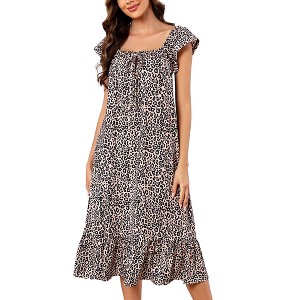 Womens Pajama Cap Sleeve Night Dress Floral Nightgowns with Ruffle Hem - 1 of 4
