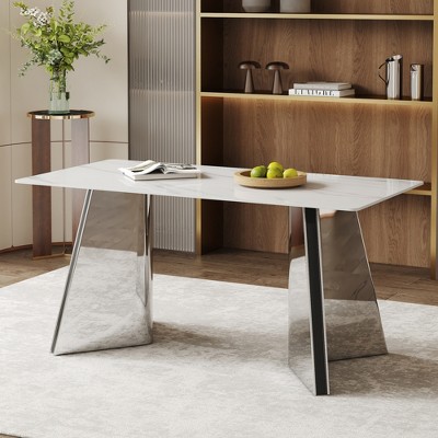 Syemin 63" Side Table, Marble Top, With Metal Stainless Steel Butterfly Legs for Living Room, Silver, 63"*31.5"*30"
