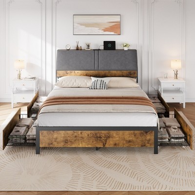 Metal Platform Bed Frame with Charging Station and 4 Storage Drawers, Ergonomic Storage Headboard, No Box Spring Needed, Brown