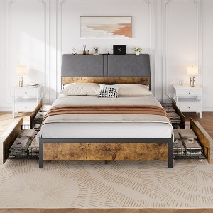 Metal Platform Bed Frame with Charging Station and 4 Storage Drawers, Ergonomic Storage Headboard, No Box Spring Needed, Brown - 1 of 4