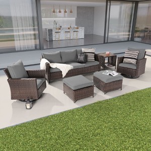 Sonkuki 6-Piece Patio Conversation Set with Swivel Rocking Chair and Side Table, Navy Blue Cushion - 1 of 4