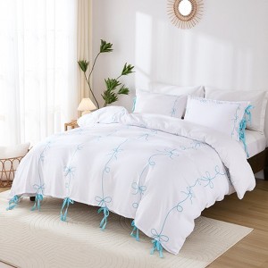 Bow Tie Duvet Cover Set – Romantic French Country Bedding with Butterfly Tie Pillowcases, Soft Breathable Microfiber - 1 of 4