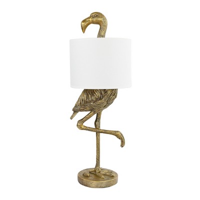 Gold Resin Flamingo Table Lamp with White Linen Shade, 32"