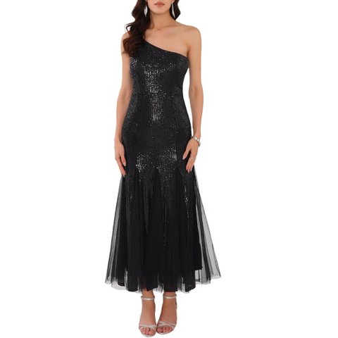 Женские платья INSPIRE CHIC Women's Sequin Maxi One Shoulder Mermaid Prom Evening Wedding Cocktail Dress Black Small