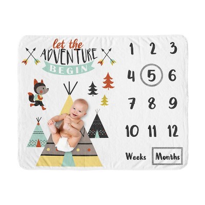 Image of Sweet Jojo Designs Boy, Girl, Unisex/Gender Neutral Baby Milestone Blanket Outdoor Adventure Blue and Yellow