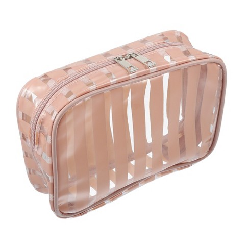 Cosmetic Purse Make-up Organizer | Clear PVC w/Zippers | Brown Trim