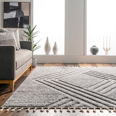 Light Grey Geometric Shag 8' x 10' Synthetic Area Rug