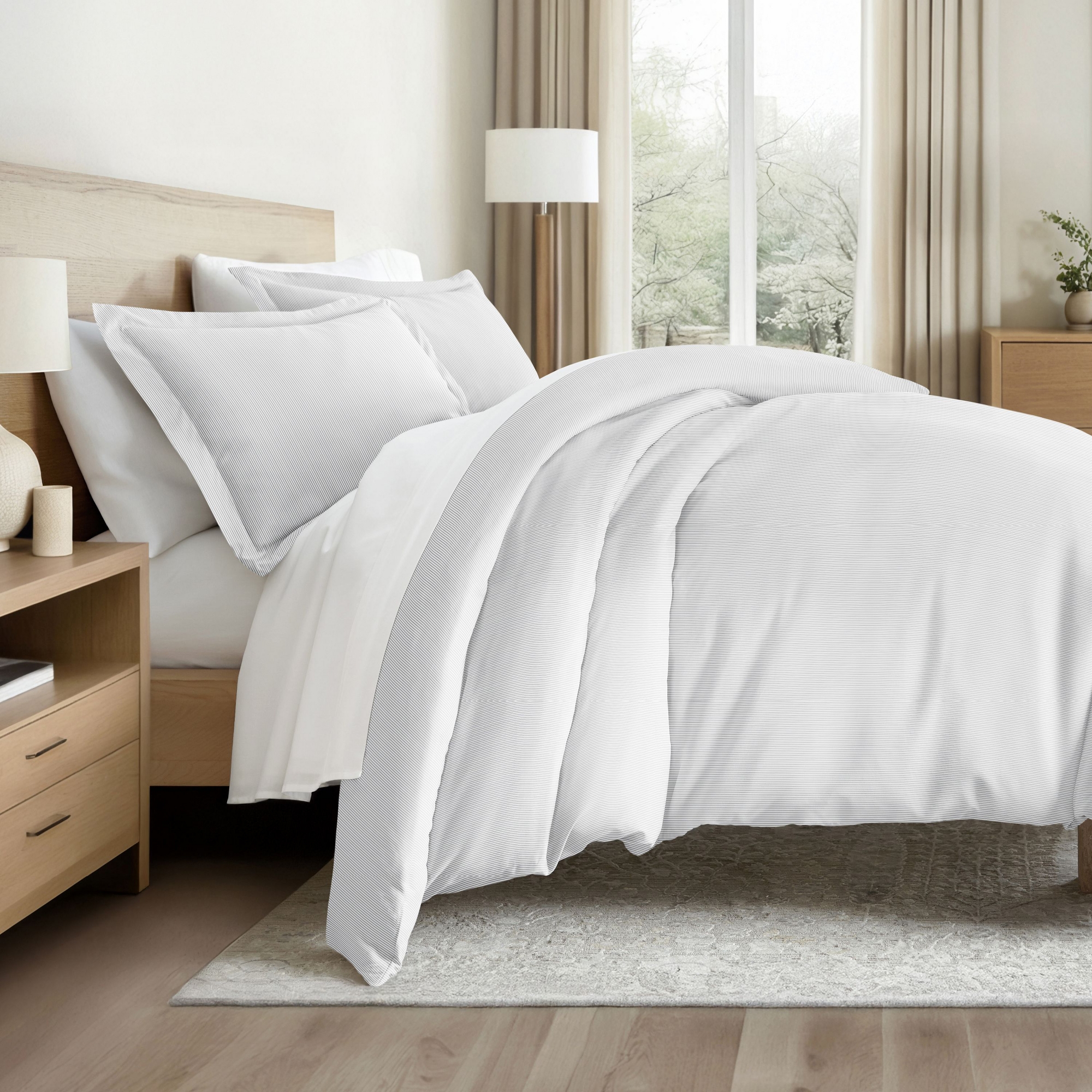 Pinstriped / Light Gray Duvet Cover, King/California King