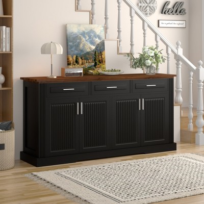 63" MDF Fluted Sideboard Buffet Cabinet with 4 Doors, 3 Drawers and Adjustable Shelves for Kitchen, Living Room, Dining Room