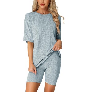 cheibear Women's Tracksuit Short Sleeves Top with Shorts Ribbed Knit Soft Pajama Sets - 1 of 4