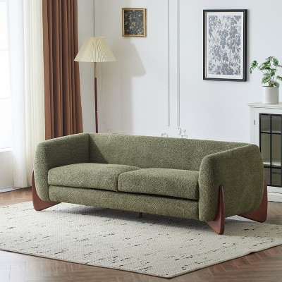 Olive Green Bouclé Fabric 3-Seater Sofa with Wood Legs
