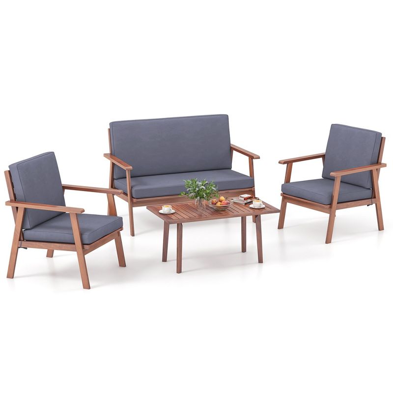 Costway 4 PCS Patio Conversation Set Acacia Wood Sofa Coffee Table with Cushioned Seat, 2 of 11